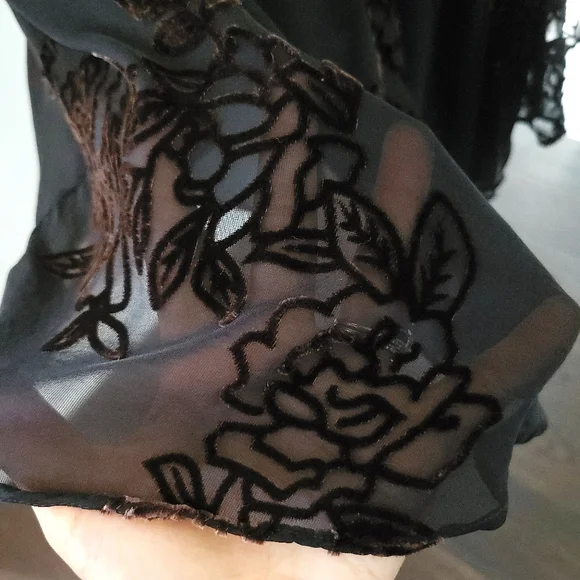 Vintage Y2K Silk Romantic Dark Floral Velvet Burnout Midi Dress - Picture 9 of 11